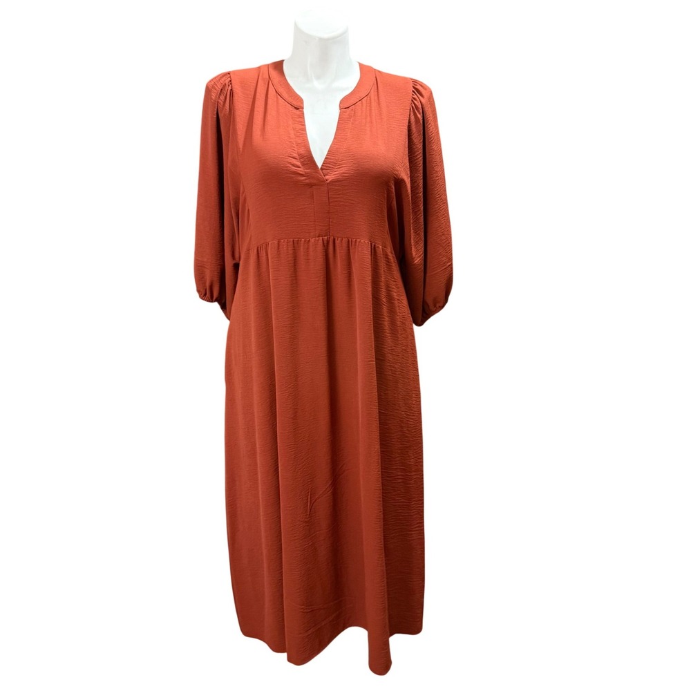 NWT Connected Apparel Rust Orange V-Neck Puff Sleeve Midi Dress Size 14